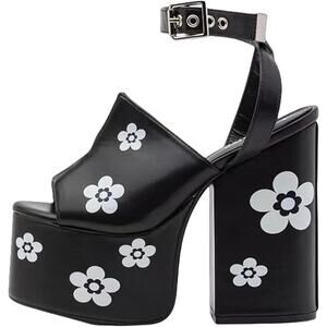 Detogni Womens Size 8 Black Flower Chunky 2.5" Platform 6" Heel Buckle Shoes